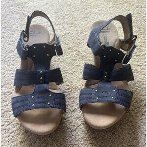 Clarks Collection Blue Suede Cork Wedge Sandals Cushion Soft 8M